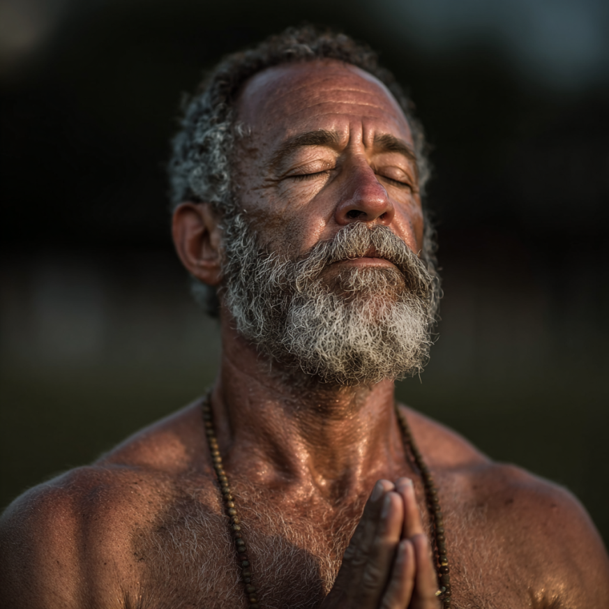 Група літніх людей займається йогою в залі