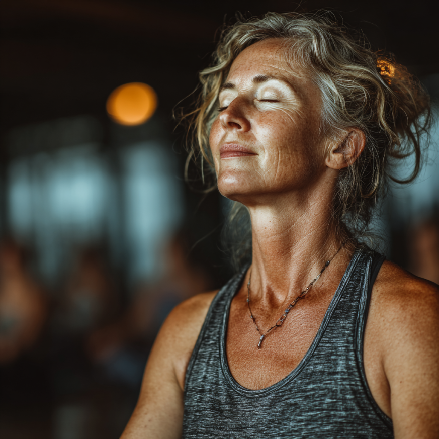 Літній чоловік виконує йогу на килимку